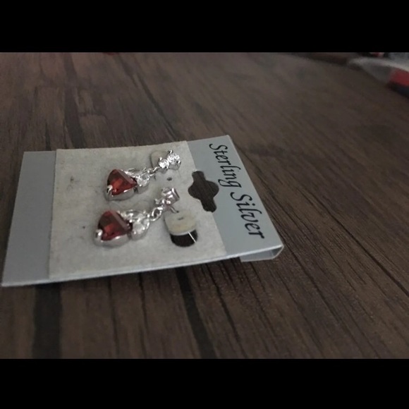 Sterling Silver Drop Earrings with red stones - Picture 3 of 4